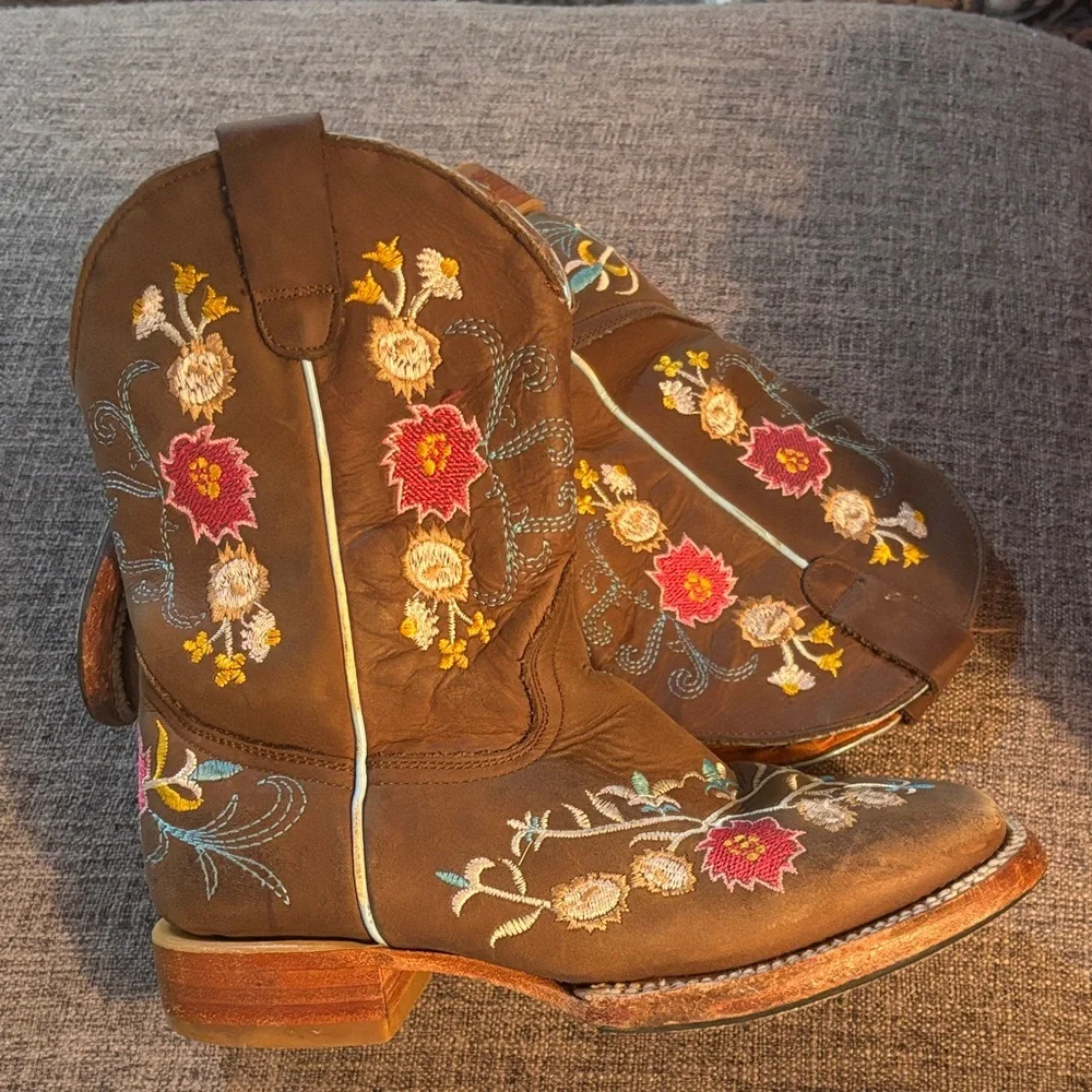 Red Kids Brown Embroidered Western Boots